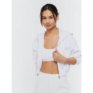 White Cotton Graphic Print Full Zip Hoodie Sweatshirt Size Medium